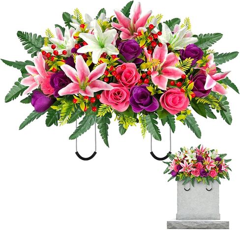 ICX Cemetery Flowers for Grave with Vase, 2 Sets of Memorial Day Flowers for Cemetery, Grave Blossoms with Roses, Lilies, Beautiful Arrangements Bouquet for Decorations (Pink in Kuwait