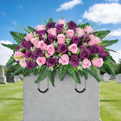 ICX Cemetery Flowers for Grave with Vase, 2 Sets of Memorial Day Flowers for Cemetery, Grave Blossoms with Roses, Lilies, Beautiful Arrangements Bouquet for Decorations (Pink in Kuwait