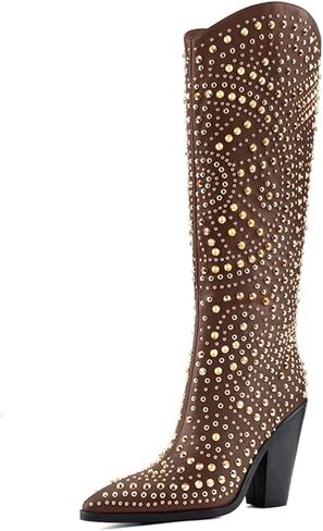 Women's Studded Knee High Western Cowboy Boots, Pointed Toe Chunky Heel | Pull-On Design, Metallic Rivet Accents, Bold Western Style, Concert, Festival, Party, Rodeo & Everyday Wear in Saudi Arabia