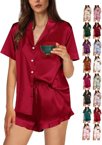 Ruffle Pajama Sets For Women XS-4XL Silk Pjs Set Womens Silky Satin Pajamas Set Sleepwear Loungewear in Saudi Arabia