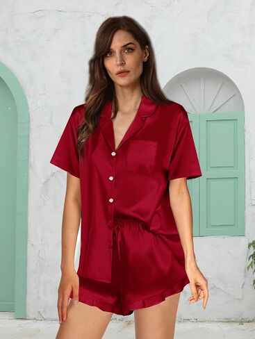 Ruffle Pajama Sets For Women XS-4XL Silk Pjs Set Womens Silky Satin Pajamas Set Sleepwear Loungewear in Saudi Arabia