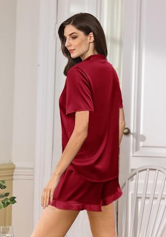 Ruffle Pajama Sets For Women XS-4XL Silk Pjs Set Womens Silky Satin Pajamas Set Sleepwear Loungewear in Saudi Arabia