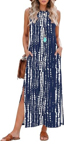 فساتين RUMIA النسائية الطويلة كاجوال صيفية أنيقة بفتحة جانبية مع جيوب (S-XXL) in Kuwait