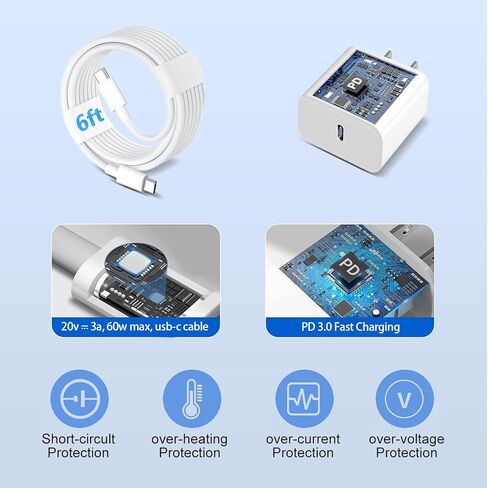 شاحن هاتف 16، شاحن حائط USB C 20 وات مع كابل USBC إلى USB C بطول 6 أقدام للهاتف 16/16 Plus/ 16 Pro/ 16 Pro Max/Phone 15 Plus/Pad Pro 13 بوصة/12.9 بوصة/11 بوصة/ Air 5th/ Mini 6th 8.3 بوصة/الوسادة العاشرة، عبوة واحدة باللون الأبيض in Saudi Arabia