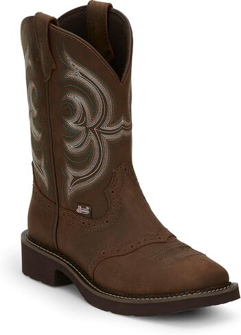 حذاء Justin النسائي Inji II مقاس 11 بوصة Gypsy Western Boot - حذاء راعية البقر من الجلد المتعثر مع مقدمة مربعة، تفاصيل الغرز، نظام مريح J-Flex، ونعل داخلي تقويمي قابل للإزالة، بني - 8 B in Saudi Arabia