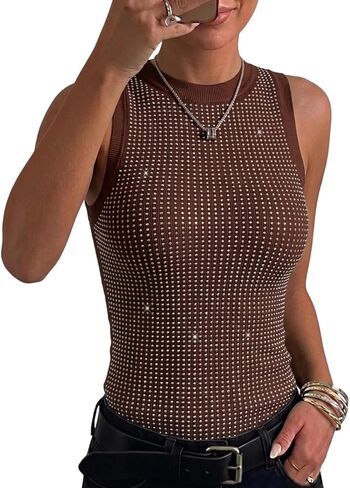 قميص بدون أكمام نسائي من CHICME برقبة وهمية مرصعة بأحجار الراين بدون أكمام ومقاس نحيف مناسب للحفلات والعطلات الصيفية in Kuwait