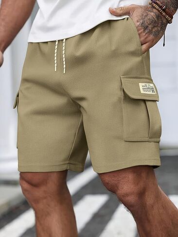 Men's Waffle Fabric Cargo Shorts Elastic Waist Drawstring Summer Breathable Lightweight Casual Shorts in Saudi Arabia