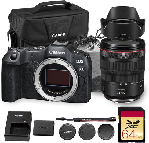 Canon EOS R8 Mirrorless Camera | 24.2MP Full Frame Sensor 4K 60p Video | Compact Lightweight Hybrid Camera for Travel and Content (5803C002) + Canon RF 24-105mm Lens + 64GB Card + Bag in Saudi Arabia