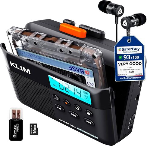 KLIM K7 Cassette Tape Player - Cassette to MP3 Converter - Portable - Built-in Microphone & Speaker - Rechargeable Battery - Earphones - 16GB SD Card - Black-Orange in Saudi Arabia