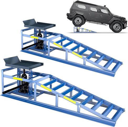 2 PCS Hydraulic Car Ramp, 5T/11000 LBS Heavy-Duty Car Ramp, Hydraulic Oil Change ramp with Built-in high Visibility Reflective Strip, Adjustable Lifting Height of 9.8-15 in Garage Car Ramp,Red in Kuwait