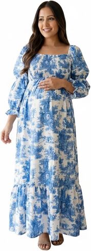 Cichic Ruffle Ruched High Waist Puff Sleeve Cute Photoshoot Maternity Maxi Dress in Saudi Arabia