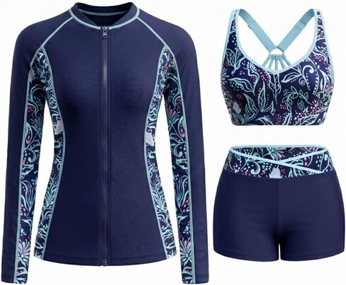 Daci Women 3 Piece Rash Guard - Long Sleeve Zip Up Swim Shirt with Sports Bra and Shorts UPF 50+ Modest Swimuits 2026 in Saudi Arabia