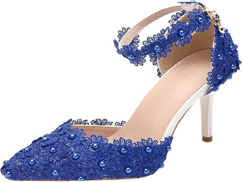 ANUFER Women's Elegant Pointed Toe Stiletto Heel Ankle Strap Pumps Floral Lace Pearls Bridal Shoes in Saudi Arabia