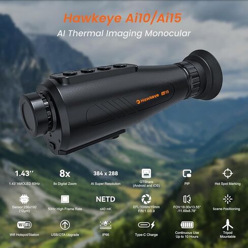 Thermal Monocular, 384x288(60HZ) Night Vision Monocular with 8× Digital Zoom, 1.43-inch AMOLED Screen, IP67 Thermal Imaging Optic for Outdoor in Saudi Arabia