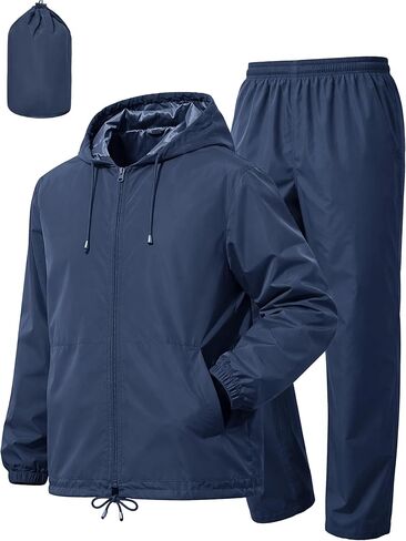 Mens Rain Suit Waterproof Rain Jacket with Rain Pants 2 Pieces Lightweight Packable Raincoat with Hood Running Cycling in Saudi Arabia