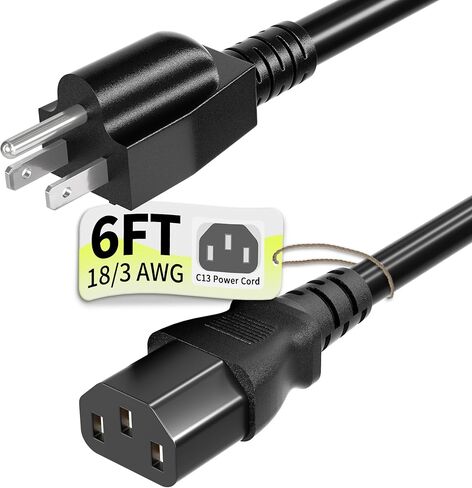 كابل سلك طاقة تيار متردد 3 شقوق 6 أقدام 10 أمبير 125 فولت 18AWG، NEMA 5-15P إلى C13، كابل طاقة الكمبيوتر الأسود للتلفزيون والكمبيوتر والشاشة والطابعة وبلاي ستيشن وHP وDell وLenovo وApple وAsus-ETL مدرج in Kuwait