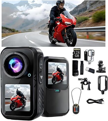 Motorcycle Camera with Stabilization & EIS,Chest Magnetic Action Camera with Dual Screen,Wearable Thumb Size Waterproof Body Cam,with Mount for Motorcycle/Bike,for Cycling,Outdoors Activities (128g) in Saudi Arabia