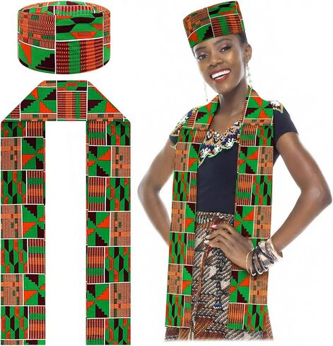 2 Pcs African Kufi Hats Kente Print Cloth Scarf Sets African Turban Sash Black History Month Kwanzaa Graduation Stole Scarf Accessory for Men Women in Saudi Arabia