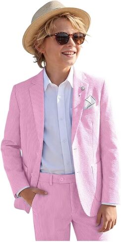 Boys Seersucker Suit 2 Pieces Boy Suits for Kids Tuxedos Blazers Jackets Pants Set for Teen Summer Beach Wedding Outfit in Saudi Arabia