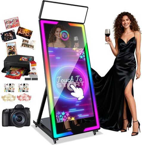 Magic Mirror Photo Booth with Camera and Printer,65’’ Mirror Photo Booth with 43’’ Interactive Screen,Remote Control RGB Lights Instant Print and Sharing for Parties Wedding Rental (Black) in Saudi Arabia
