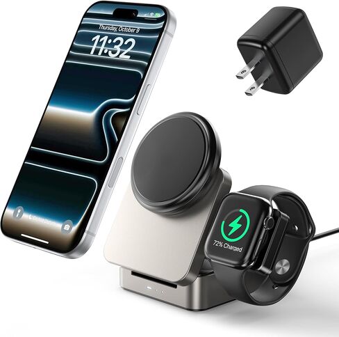 3-in-1 Wireless Charging Station for Apple, Qi2 Certified 15W Foldable Mag-Safe Travel Charger Stand Wireless Charger Dock for iPhone 17/16/15/14/13/12, Apple Watch & AirPods (30W Adapter Included) in Saudi Arabia