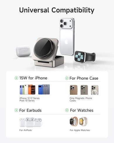 3-in-1 Wireless Charging Station for Apple, Qi2 Certified 15W Foldable Mag-Safe Travel Charger Stand Wireless Charger Dock for iPhone 17/16/15/14/13/12, Apple Watch & AirPods (30W Adapter Included) in Saudi Arabia