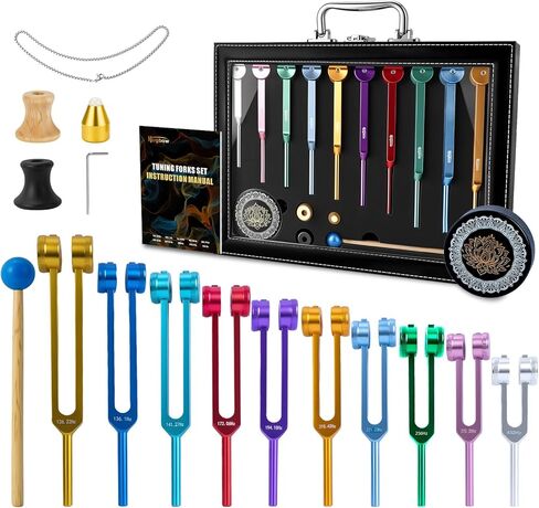 10 PCS Chakra Tuning Fork for Healing, Multi-Color Weighted Tuning Forks, Aluminum Alloy Tuning Forks with Activator & Feet (126.22-432Hz) for DNA Healing, Sound Therapy in Kuwait