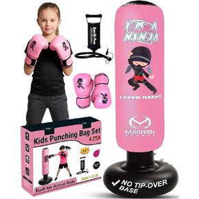 Marwan Sports 5-in-1 Kids Punching Bag Set with Gloves, Pump & Funnel – 63" Inflatable Boxing Bag for Kids 4-12, Durable PVC, Fast Rebound, Waterproof Base Cover with Handles, Gift for Girls (Pink) in Saudi Arabia
