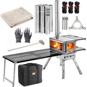 M6 Wood Burning Stove with Oven, 908 cu in Large Firebox & 3 Air Vents, Stainless Steel Camp Stove with Foldable IGT Table, Ash Drawer & 6 Chimney Pipes for Outdoor Cooking, Camping in Saudi Arabia