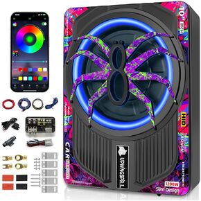 1200W RGB Subwoofer, Slim Under Seat Car Subwoofer and Amp Package with RGB Beat-Synced Light, Individual Control for Low Pass/Gain/Boost Bass, Deep Bass Perfect for Truck/SUV/Jeep/Sedan in Saudi Arabia
