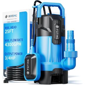 مضخة مستنقع FOTING 3/4HP، مضخة مياه غاطسة عالية التدفق نظيفة وقذرة 4300GPH مع مفتاح تعويم، مضخة فائدة كهربائية محمولة بالحرارة لتصريف حوض السباحة وحوض الاستحمام الساخن والحديقة في الطابق السفلي in Kuwait