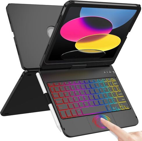 Touch Keyboard Case for iPad A16 11th Generation/10th Generation 10.9 inch | 360° Rotatable for iPad 11th / 10th Generation Case with Keyboard- 7 Color Backlight Keyboard Case with Pencil Holder in Saudi Arabia