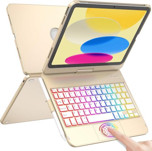 حافظة لوحة مفاتيح HOTLIFE لجهاز iPad A16 الجيل الحادي عشر 2025/الجيل العاشر 10.9 بوصة 2022، لوحة مفاتيح تعمل باللمس لجهاز iPad 11 بوصة / الجيل العاشر 10.9 بوصة 2022-10 إضاءة خلفية ملونة، غطاء واقٍ قابل للدوران 360 درجة in Kuwait