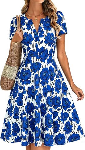 Womens Summer Short Sleeve V Neck Knee Length Fit and Flare A Line Vintage Business Casual Work Dresses with Pockets in Saudi Arabia