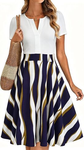 Womens Summer Short Sleeve V Neck Knee Length Fit and Flare A Line Vintage Business Casual Work Dresses with Pockets in Saudi Arabia