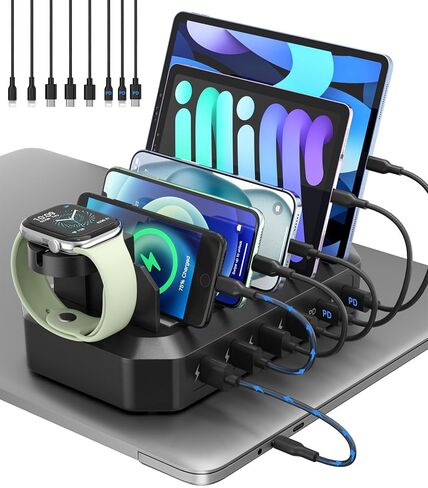 95W Fast Charging Station for Multiple Devices【UL & FCC Tested Safer Charging】 6-Port USB Charging Dock with 2 PD-Port, Compatible with iPhone/Android/MacBook/iPad/Tablet/Kindle(8 Cables Included) in Saudi Arabia