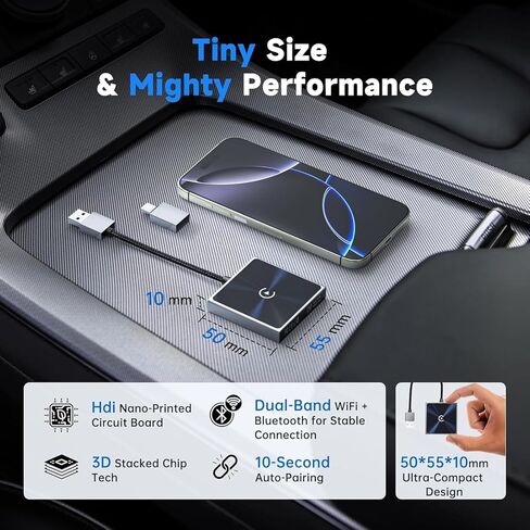 محول CarPlay اللاسلكي لهواتف iPhone، دونجل صغير جدًا 2 في 1 لجهاز Apple iOS10+، تحويل سلكي إلى CarPlay لاسلكي، اتصال فوري، مناسب للسيارات مع CarPlay مدمج، أسود in Kuwait