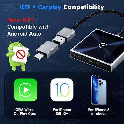 محول CarPlay اللاسلكي لهواتف iPhone، دونجل صغير جدًا 2 في 1 لجهاز Apple iOS10+، تحويل سلكي إلى CarPlay لاسلكي، اتصال فوري، مناسب للسيارات مع CarPlay مدمج، أسود in Kuwait