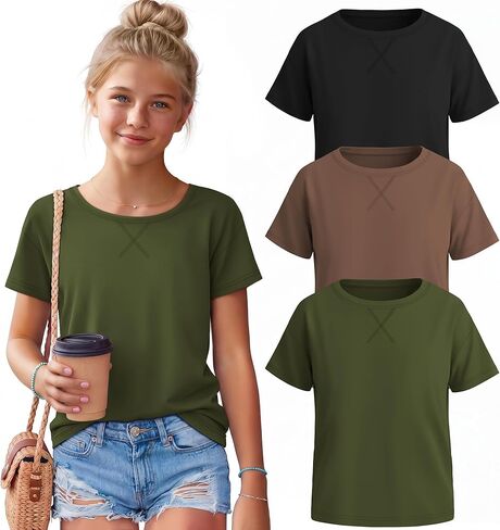 3 Pack Girls Short Sleeve Shirts Loose Fit Round Neck Kids Tops Comfy Cute Teen Summer Basic Tees 5-14 Years in Saudi Arabia