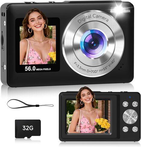 Digital Camera,56MP Dual-Screen Travel Camera with Auto Focus,Smile Capture,Anti-Shake,16X Zoom,32GB SD Card Compact Cameras Gift for Boys Girls Teens in Saudi Arabia