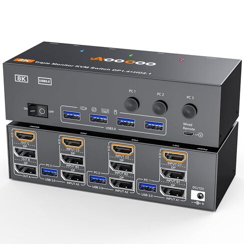 8K @ 60 هرتز HDMI2.1 Displayport KVM Switch 3 شاشات 2 جهاز كمبيوتر 4K @ 144 هرتز مفاتيح KVM ثلاثية الشاشة مع منفذ USB 3.0، جهاز تحكم عن بعد سلكي، محول طاقة وكابلات USB3.0 (12 سم 2 قطعة 3 شاشة 8K KVM) in Kuwait