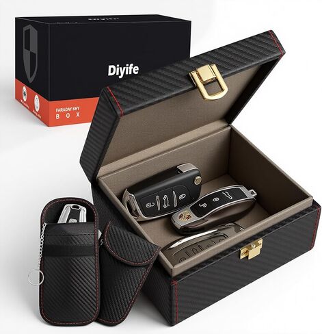Diyife Car Key Signal Blocker Box, [5-7 Keys Capacity] 12.5 x 10.2 x 5.5cm Faraday Box for Car Keys with 2 Pack Faraday Pouch, Anti-Theft Key Fob Protector RFID Signal Blocking Cage in Saudi Arabia