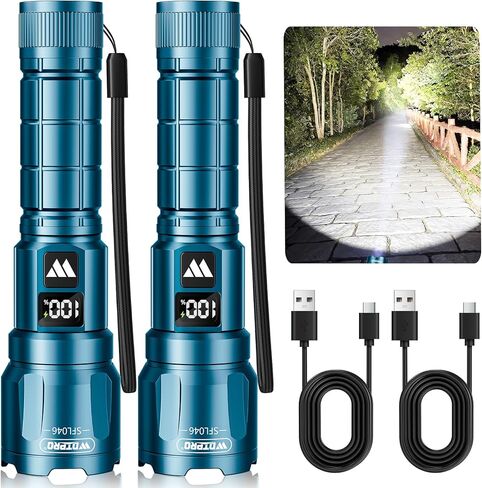 wdtpro led مشاعل قابلة للشحن عالية التجويف 2pack، 6000lm مصباح يدوي فائق السطوع، زوومابلي مشاعل التخييم قوية مع شاشة الكريستال السائل الرقمية، 3 أوضاع ضوء فلاش مقاوم للماء للطوارئ المنزلية in Kuwait