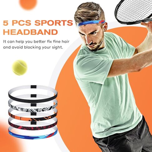 Thin Sports Headbands for Women, Men & Kids - 5 Pack Elastic Skinny Sweatbands, No-Slip Soft Hair Bands for Running, Workout, Yoga, Tennis, Basketball, Soccer, Football - Black in Saudi Arabia