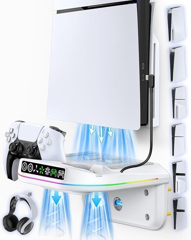 مجموعة أدوات التثبيت على الحائط P S5 مع مروحة تبريد ومحطة شحن متوافقة مع أقراص PS5/ Slim/ Pro والأقراص الرقمية، ورف PS Five العائم مع 9 مصابيح RGB، وحامل P S5 خلف التلفزيون، وملحقات P S5 للألعاب in Kuwait
