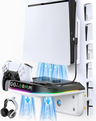 P S5 Wall Mount Kit with Cooling Fan and Charging Station Compatible with PS5/ Slim/ Pro Disc and Digital, PS Five Floating Shelf with 9 RGB Lights, P S5 Mount Behind TV, P S5 Accessories for Gaming in Saudi Arabia