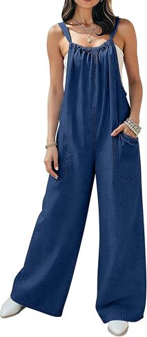 Denim Overalls for Women Jean Jumpsuit Wide Leg Adjustable Tie-Back Straps Loose Fit Baggy Jumpers Rompers in Saudi Arabia