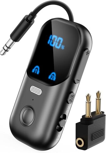 جهاز إرسال بلوتوث 5.4 مع محول aptX Adaptive، محول صوت لاسلكي 2 في 1 للسفر بالطائرة، محول بلوتوث لجهازي AirPods، مقبس AUX 3.5 ملم لمكبرات صوت ستيريو للسيارة - رمادي داكن in Kuwait