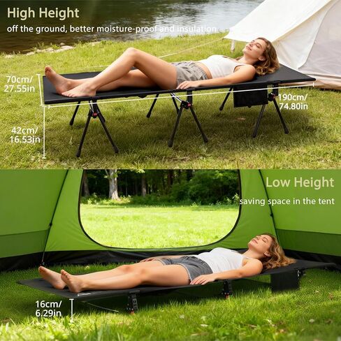 Anbte Height Adjustable Camping Cot with Storage Net & Bag, Support up to 400lbs Comfortable Portable Cots for Adult Folding Bed for Camping Hiking Travel Truck Beach Office Nap, Black in Saudi Arabia