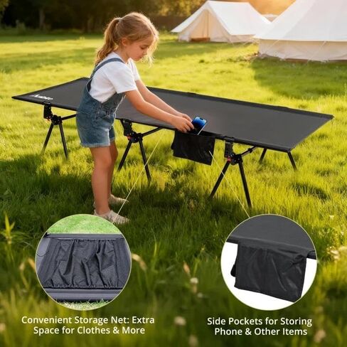 Anbte Height Adjustable Camping Cot with Storage Net & Bag, Support up to 400lbs Comfortable Portable Cots for Adult Folding Bed for Camping Hiking Travel Truck Beach Office Nap, Black in Saudi Arabia